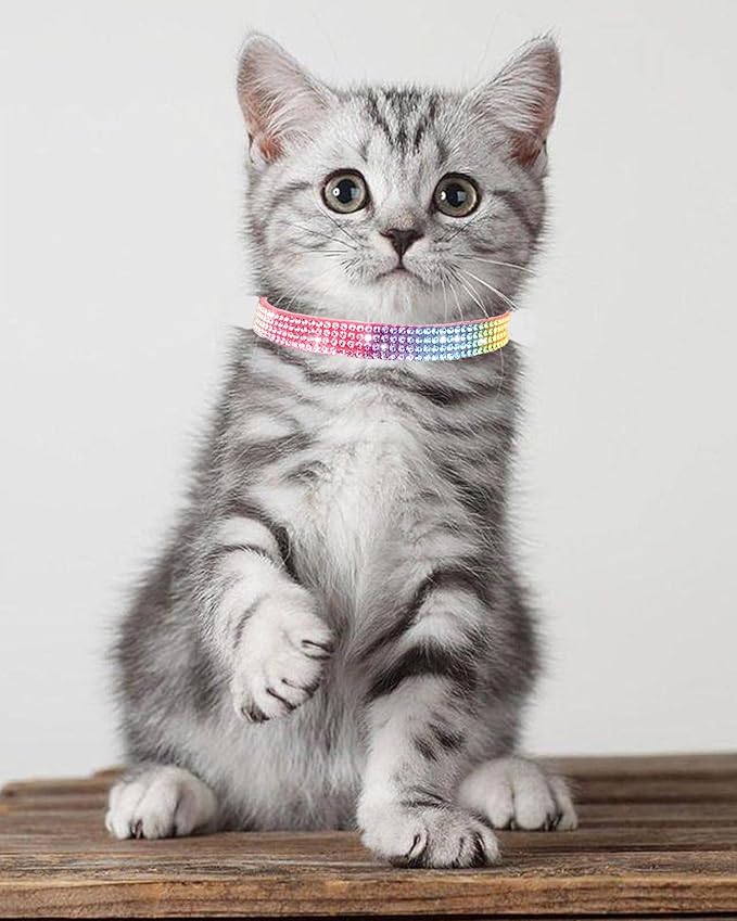 Cat Collars for Girl Cats with Rhinestone Soft Velvet,Breakaway Cat Collars with Bell,Adjustable Safe Kitten Collar (Multicolour Pink)