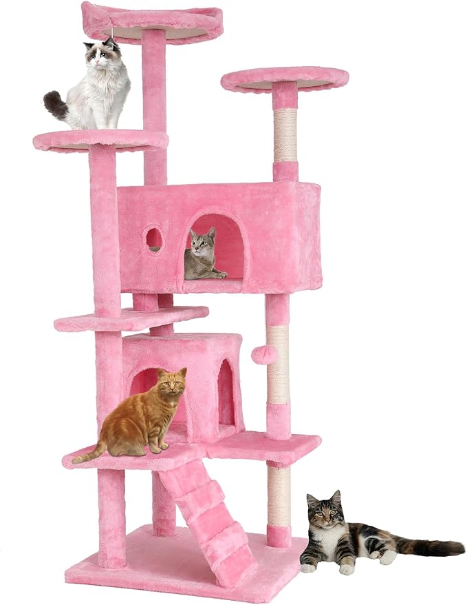 BestPet | 54" Cat Tree Tower | Pink | Sturdy, Easy to Assemble, Multi-Level Activity Center with Sisal Scratching Posts, Condos, Perches, Hanging Cat Toys, Observation Decks & Ladder