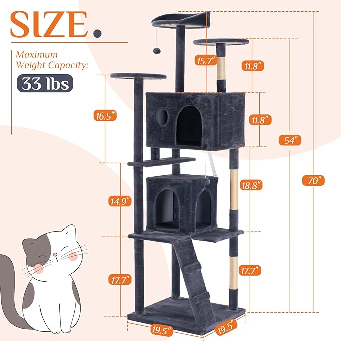 Large Cat Tree 70 Inch, Multi-Level Cat Tree Tower with Condo, Perches, Sisal Scratching Posts and Climbing Ladder, Pet Play House with Dangling Balls for Indoor Cats, Dark Grey