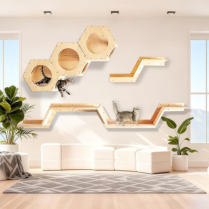 Cat Wall Shelves and Furniture Set with 3 Hexagon Shelves and 4 Z-Shaped Jump Platform (E)