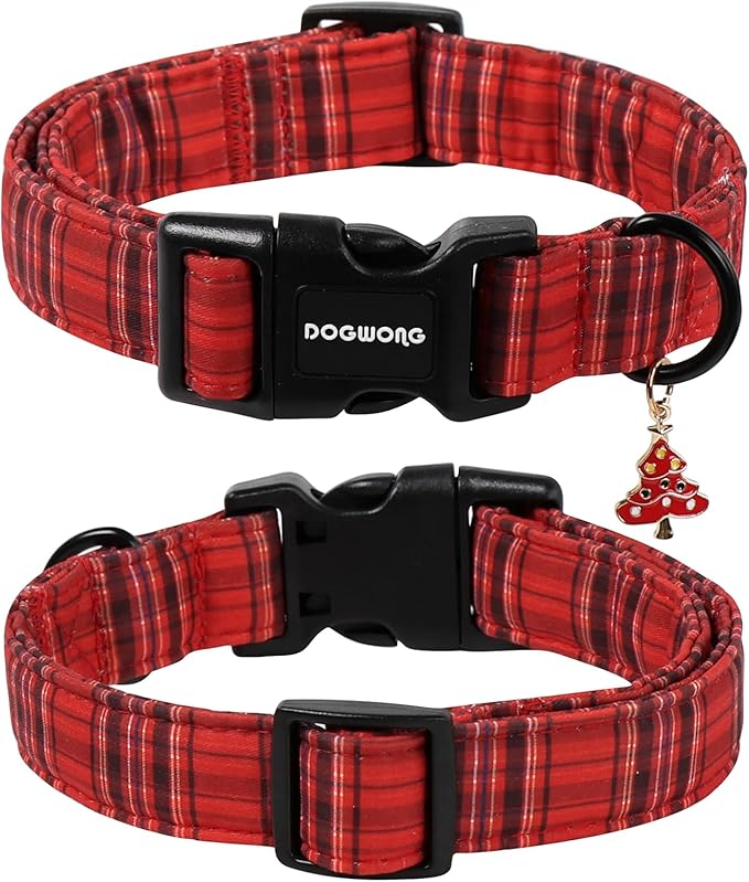 DOGWONG Christmas Plaid Dog Collar, Cute Adjustable Red Tartan Collar, Red Grid Dog Collar with Strong Plastic Buckle for Small Medium Large Dogs,L