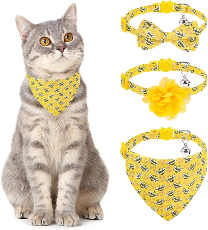 Breakaway Cat Collars with Bell & Cute Pendants - 3 Pack Adjustable Safety Kitten Collars - Decoration for Girl Boy Cats Puppy and Small Pets (Style C - Bee)
