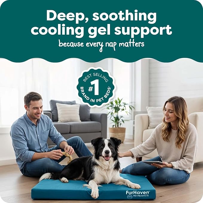 FurHaven Water-Resistant Orthopedic Dog Bed for Large Dogs, Oxford Polycanvas Mattress with Orthopedic Solid Slab Foam for Joint Support, Removable Washable Cover, Large, Deep Lagoon