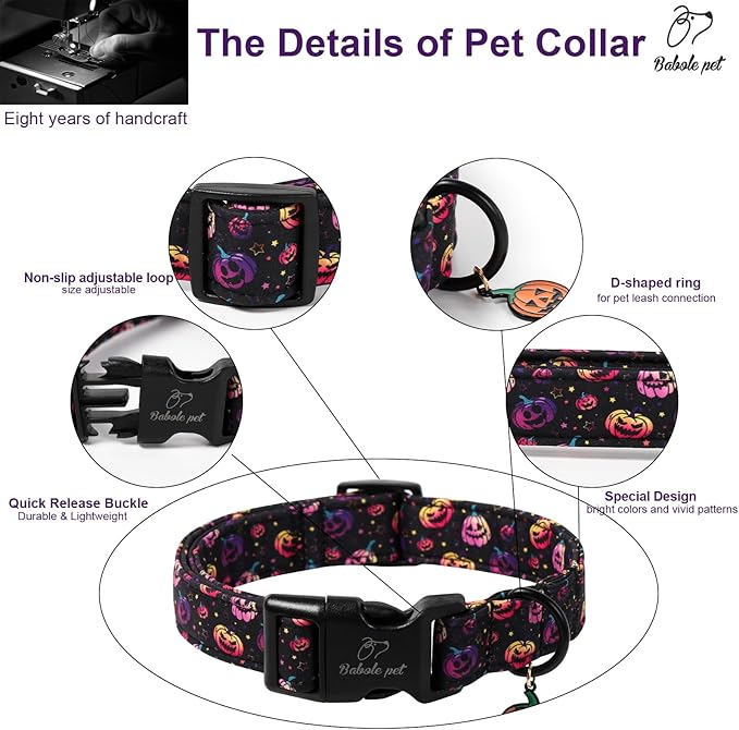 Halloween Dog Collar Spooky Fun Pumpkin Puppy Collar - Light Comfortable Adjustable Pet Collars for Small Medium Large Girl Boy Dogs XS