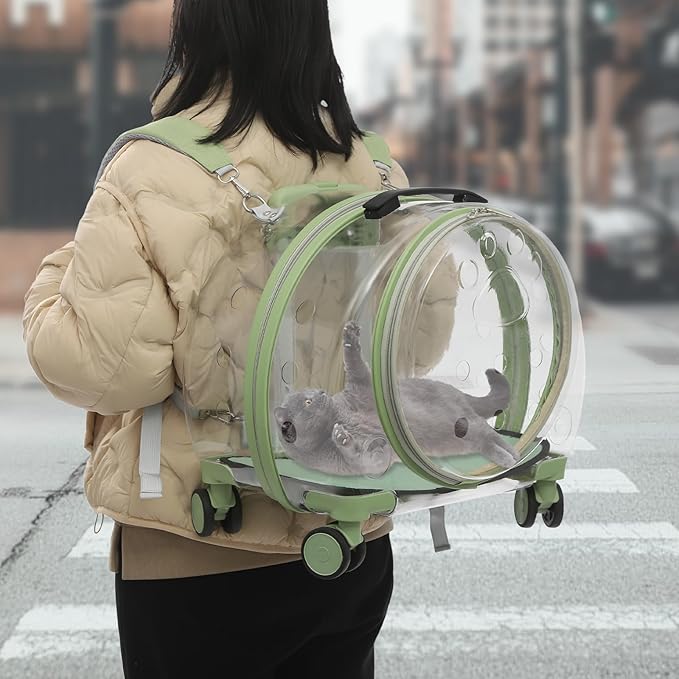 Transparent & Fully Breathable Hard Cat Carrier with Rolling Wheels, Multiple Carrying Carrier for Cats, Dogs, Or Bunnies for Traveling, Taking a Walk, Applicable Weighing up to 19.84lbs (Green,Clear)