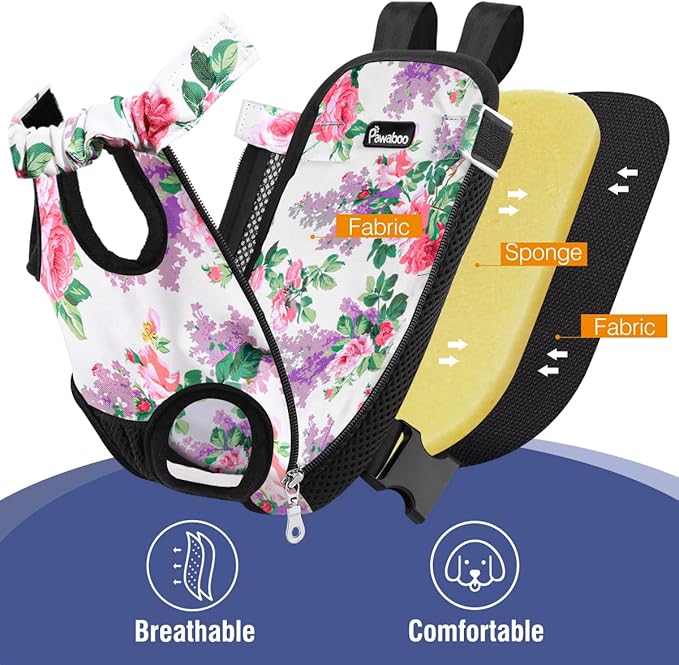Pawaboo Adjustable Dog Carrier Purses, Pet Front Cat Travel Bag Dog Carrier Purses for Traveling Hiking Camping, Legs Out, Easy-Fit for Small Medium Dogs, S, Flower