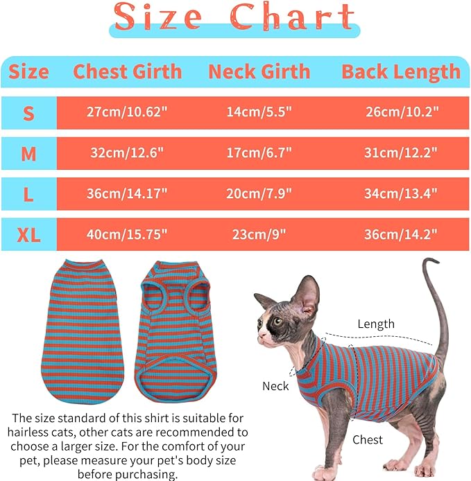 BRKURLEG Hairless Cats T Shirt, Cat Sweaters, Pullover Kitten Shirts, Sleeveless Round Collar Cotton Vest for Cornish Rex Devon Rex Peterbald and Small Dogs Sweater(OrangeBlue Stripes, S)