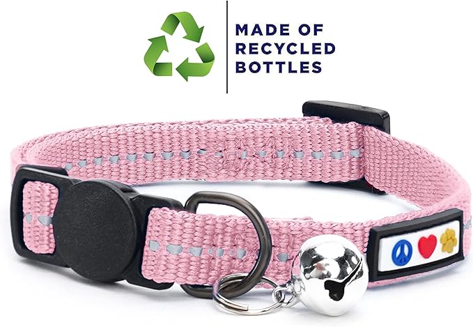 Pawtitas Recycled Pink Reflective Cat Collar – Eco-Friendly Breakaway Safety Buckle, Adjustable Kitten & Adult Collar with Removable Bell and High-Visibility Strap