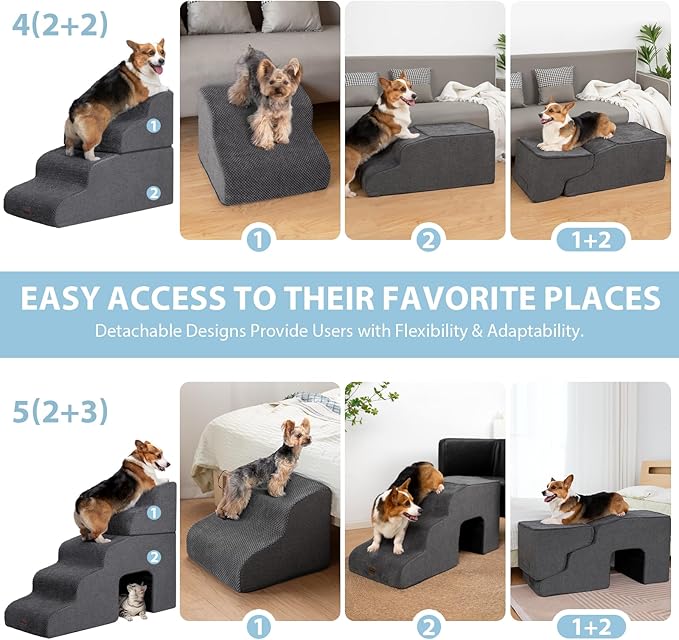Dog Stairs for High Beds with Tunnel, 5-Step Dog Steps for Small Dogs and Cats, Foldable Pet Stairs for High Bed Climbing, Non-Slip Balanced Pet Step Indoor, Dark Grey