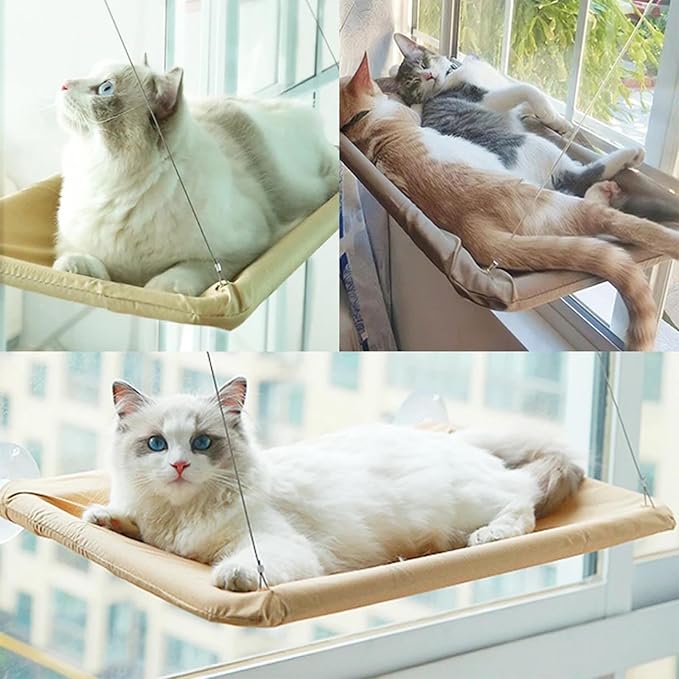 Cat Window Hammock Perch Cat Safety Sunny Bed with Durable Heavy Duty Suction Cups Resting Sunny Window Seat for Indoor Cats Sleeping Space Saving Mounted Bed (Khaki)