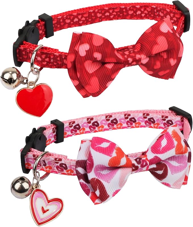 ADOGGYGO Valentine Cat Collars with Bow Bell, Breakaway Cat Bowtie Collar Red Pink Heart Pattern Valentine Collars for Girl Boy Cats Kittens