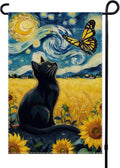 Spring Summer Garden Flag Van Gogh Starry Night Black Cat Banner - Monarch Butterfly Sunflower Art Outdoor Decor for Porch Yard Patio Decorations