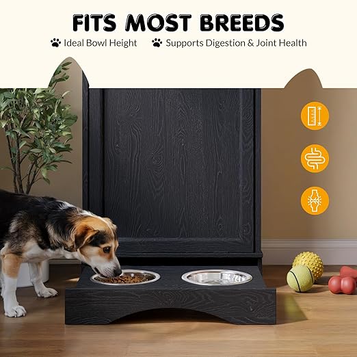 Tilt Out Trash Can Cabinet with Dog Bowl, 13 Gallons Dog Feeding Station with Storage, Dog Food Cabinet with Hideaway Drawer for Kitchen, Living Room,Laundry Room