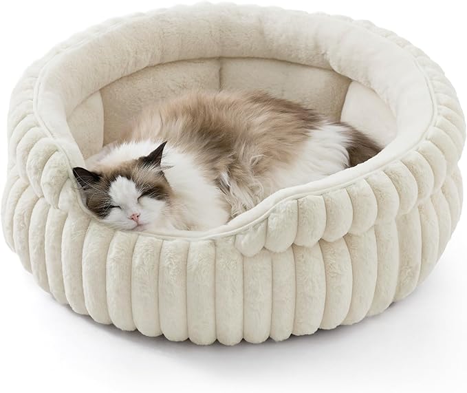 Bedsure ComfyFleece™ Cat Bed, Washable Round Cute Cat Beds for Indoor Cats, Super Soft Corduroy Pet Bed for Puppy and Kitten with Anti-Slip Bottom, 23''x23''x8.5'', Cream