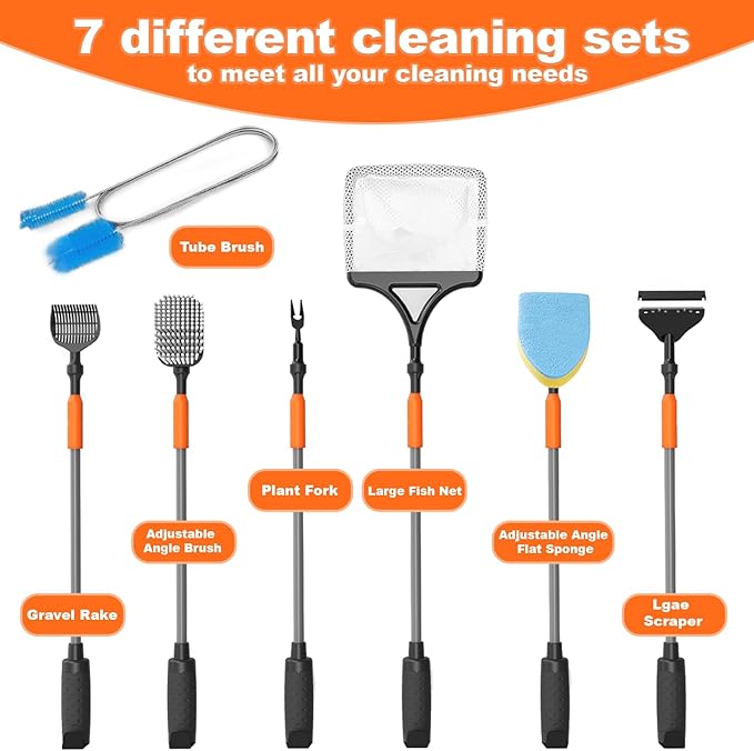 SEAOURA 7-in-1 Aquarium Cleaning Tool, Fish Tank Cleaner with Telescopic Handle,Aquariums Scraper,Adjustable Angle Brush,Gravel Rake,Plant Fork, Flat Sponge,Large Fishes Net,Hose Brushes