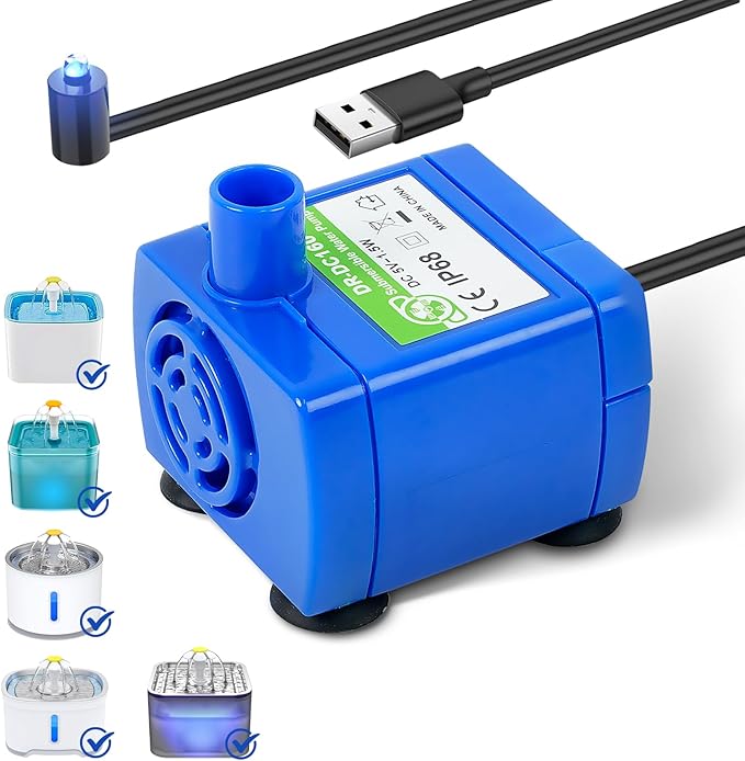 IP68 DR-DC160 submersible water pump Cat Water Fountain Pump for Tritone Ceramic, Stainless Steel, Round Flower Cap Cat Fountains, Automatic Pet Water Dispenser Replacement Pump (With LED)