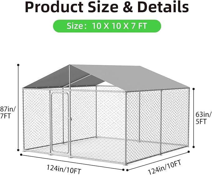 10x10 FT Outdoor Dog Kennel Outside with Metal Large Dog Gate, Outdoor Dog Pens with Roof, Heavy Duty Dog Kennel for Backyard Farm Use (124x124x87IN)