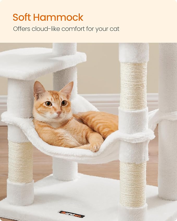 Feandrea Cat Tree, 44.1-Inch Cat Tower, Plush Multi-Level Condo with 4 Scratching Posts, 2 Perches, Hammock, Cave, Cream White UPCT261T01