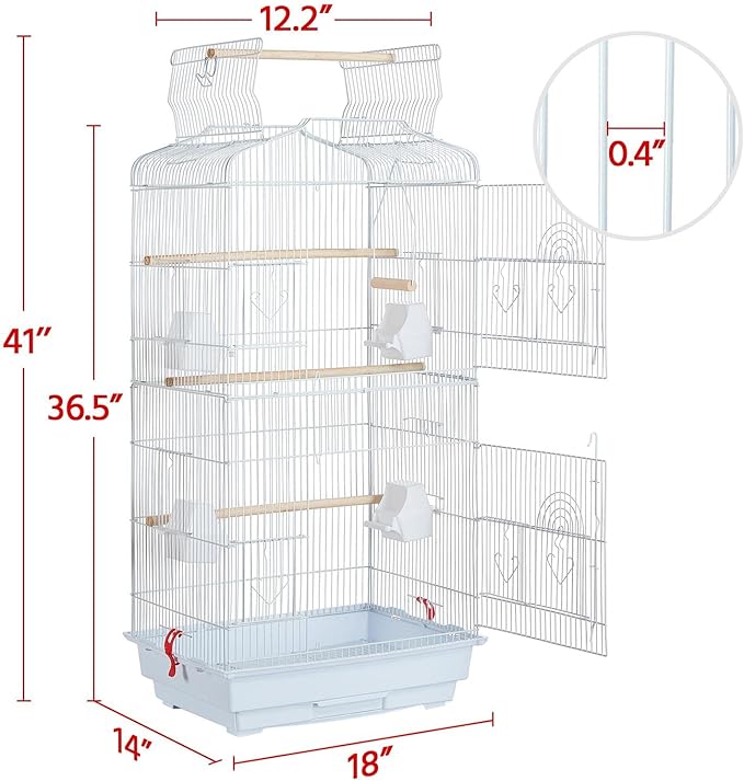 Yaheetech 41'' Open Top Medium Size Quaker Parrot Bird Cage Cockatiel Indian Ring Neck Sun Parakeet Green Cheek Conures Lovebird Budgie Canary Finch Parrotlet Bird Cage, White