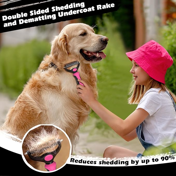 3PCS Self Cleaning Slicker Brush & Pet Grooming Rake & Flea Comb for Dogs,Cats and Horses | Double-Sided Dematting Comb & Skin Friendly Deshedding Grooming Tool (Red Black)
