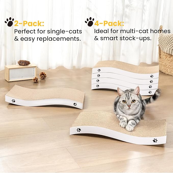 Cat Scratcher, Durable Scratch Pad, Corrugated Cardboard Scratching Board for Indoor Cats, Heavy Duty, Double-Sided Usability, Recyclable, with Catnip, Medium, 4 Packs