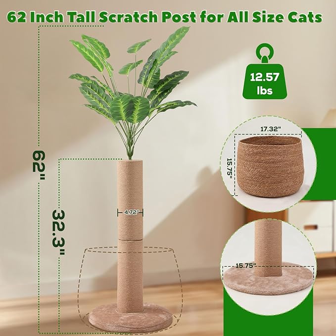 62 Inch Tall Cat Scratching Post with Bed, Banana Leaf Tree Scratching Posts for Indoor Cats Adults, Modern Artificial Plants Scratcher Post with Foldable Woven Cat Basket for Home Decor