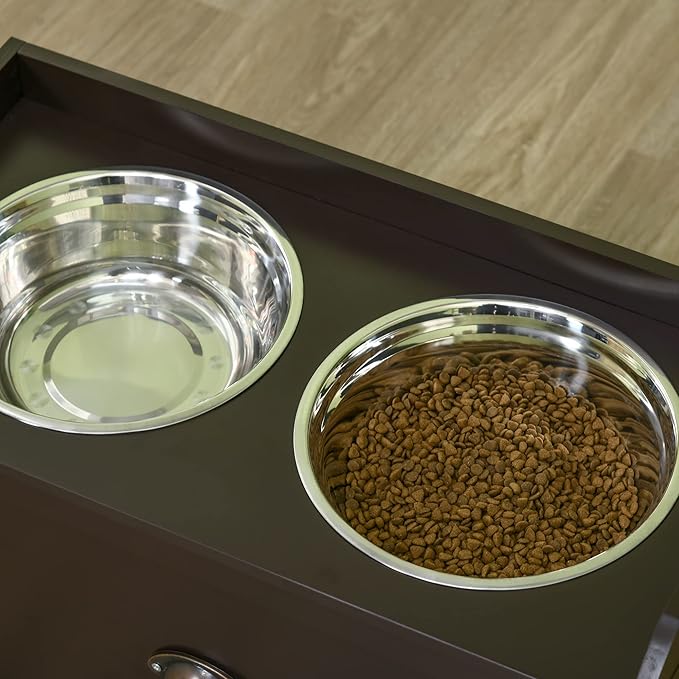 PawHut Dog Feeding Station with Storage Drawer, Dog Food Storage Cabinet with 2 Removable Elevated Pet Bowls for Large Sized Dogs, Coffee