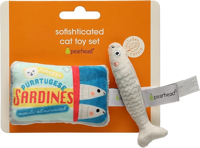 Pearhead Pet Sardines and Fish Plush and Crinkle Cat Toy Set, Includes Catnip, Kitty Owner Playtime Accessory, Set of 2