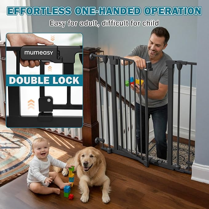 Mumeasy 80" Extra Wide Baby Gate for Doorways, Stairs & Fireplace, Auto Close Dog & Pet Gate with Walk Thru Door, 3 Metal Panels, Hardware Mounted Child Safety Fence for House, Indoor/Outdoor, Black