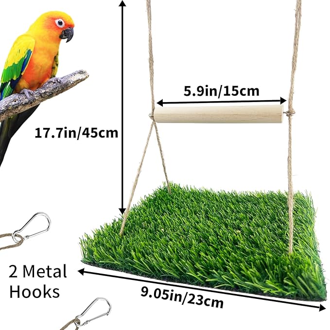 FlidRunest Bird Swing Mat with Wood Perch, Lawn Swing Hammock for Parrot, Simulated Grass Bird Swing Mat Hanging Climbing Hammock for Parakeet, Budgie, Conure, Cockatiel, Lovebird, Canary