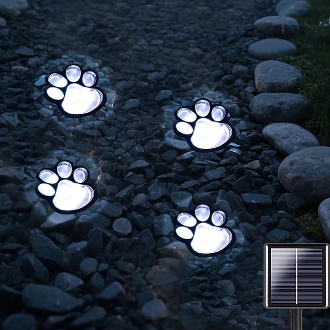 Paw Print Solar Lights - Set of 4 Pack Dog Animal Lights Waterproof,Paw Print Solar Lighting Outdoor Garden, Pet Lover’s Garden Path Lighting, Walkway Lighting for Yard (Cool White)
