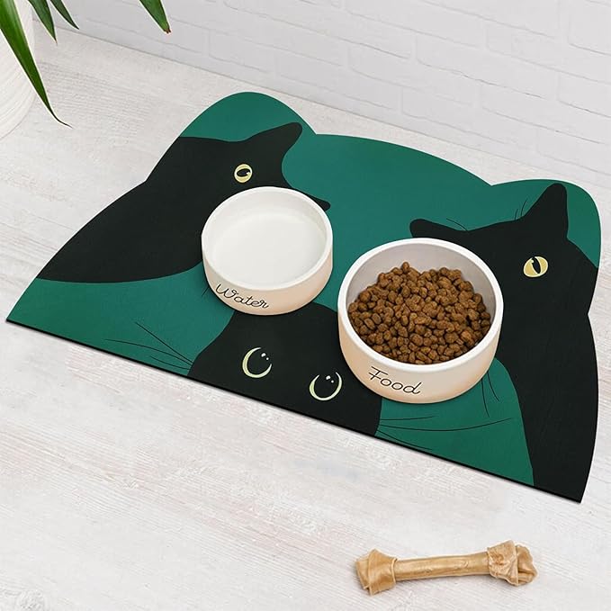 Cat Food Mat - Pet Feeding Mat for Floor, Non-Slip, Waterproof, Super Absorbent, Easy to Clean, Blue, Cat, Dog 12.2''x19.7''