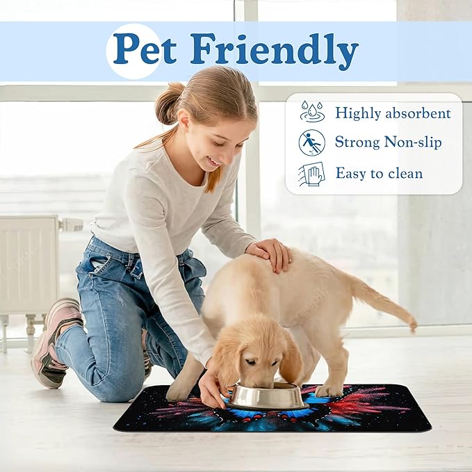 Blue Butterfly on Blooming Pet Feeding Mat–Christmas Stocking Quick Dry Absorbent Dog Cat Food Mat, Non Slip Waterproof Bowl Placemat for Messy Eaters, Pet Accessories for Floors 16"x24"