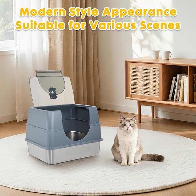 Stainless Steel Litter Box with Lid,Side Entry Large Litter Box,Enclosed High Sided Litter Boxes with High Sided Enclosure&Scoop,Anti-Urine Leakage Non-Sticky for Kitty&Medium Cats(Grey)
