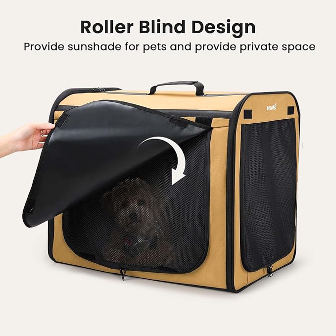 Dog Car Carrier Light Weight 24×17.7×20.5 in, Dog Carrier Easy to Assemble, Dog Car Crate Portable and Breathable, Foldable Pet Carrier for Indoor and Outdoor Use, Dogs Travel Crate with Curtain Brown