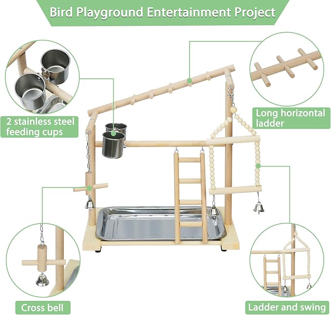Parrot Playstand Bird Playground Birdcage Wood Perch Stand Ladder Swing with with Feeder Cups Birds Play Gym Cockatiel Playground Include Hanging Bell Swing Ladders