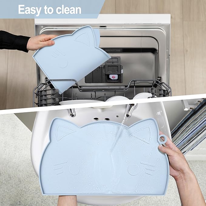 Coomazy Cat Food Mat - Thicker Dog Feeding Mat with Raised Edge, Non-Slip Silicone for Floor, Waterproof (Blue, Medium)