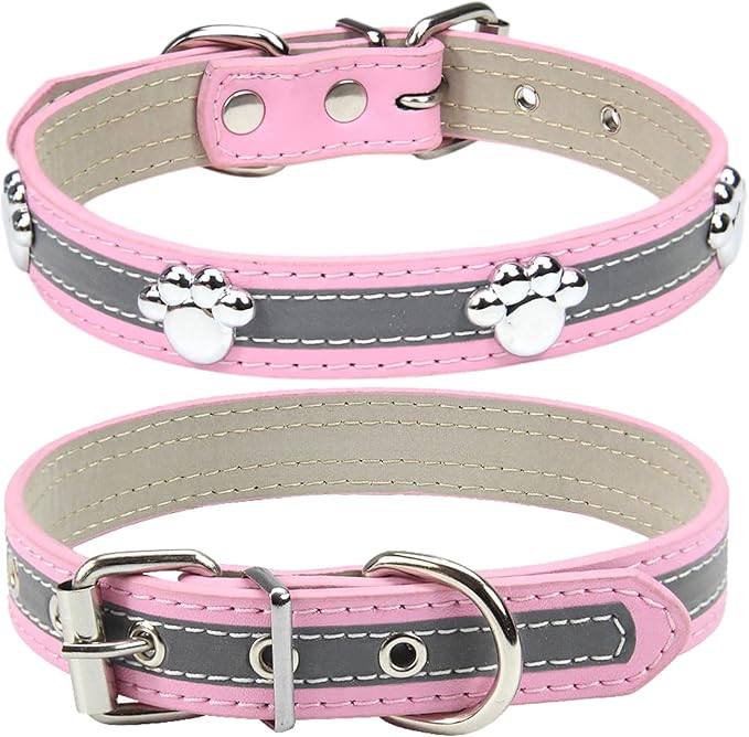 PETCARE Reflective Dog Collar with Cute Paw Rivet Studded Funny Soft PU Leather Adjustable Puppy Dog Collars for Small Medium Large Dogs Cats (Pink,X-Large)