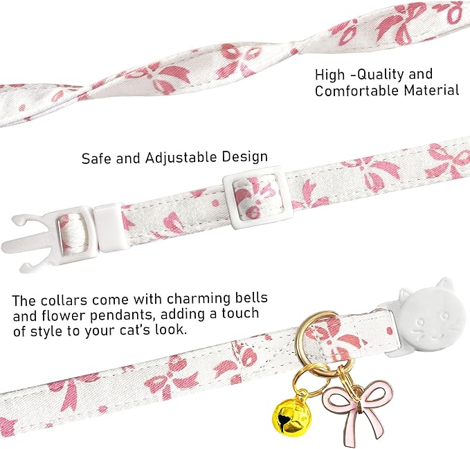 2 Pack Cotton Breakaway Cat Collars Set with Bell and Flower Pendant, Cute Floral Fruit Patterned, Adjustable 7.5-11Inch, Include A Mouse Toy Gift (Bowtie)