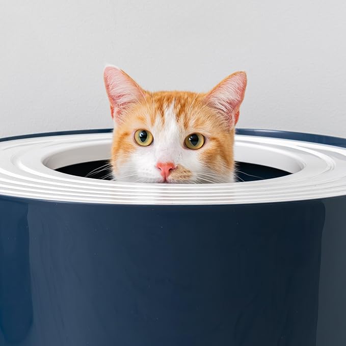 IRIS USA Cat Litter Box, Large Top Entry with Litter Catching Lid and Scoop, Dog Proof, Cat Box Enclosure, Navy/White