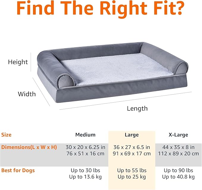 Amazon Basics Living Room Couch Dog Bed with Premium Foam, Non-Slip Bottom, Removable Washable Cover, Pressure-Relief Support for Dogs up to 55lbs, Large (36" x 27"), Grey