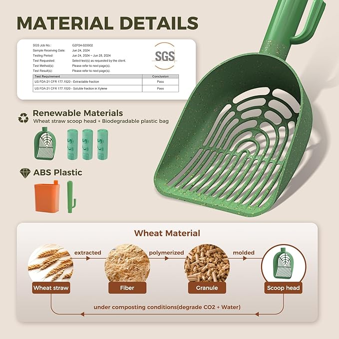 Cactus Cat Litter Scooper with Holder - 3 Rolls of Trash Bags, Wheat Straw Plastic Shovel & ABS Handle and Box - Cat Litter Scoop with Bag - Premium Kitty Litter Scoop Green