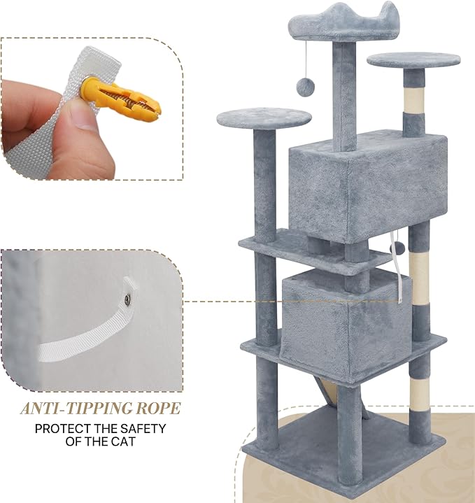 Athena Collection Cat Tree, 62 Inch Cat Tree Tower for Indoor Cats, Multi-Level Cat Tower House Activity Center with 2 Cat Condo & Scratching Post & Dangling Ball, Tall Cat Climbing Tower, LightGray