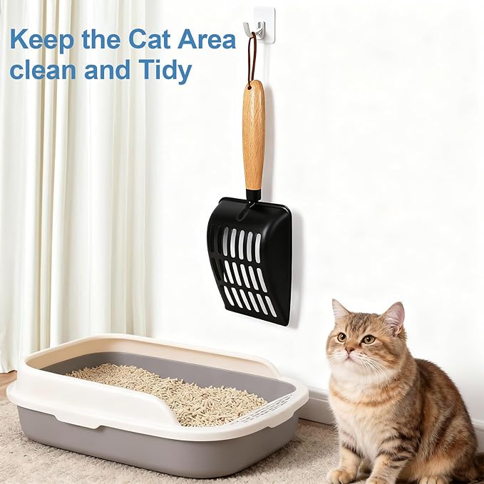 Cat Litter Scoop, Metal Litter Scoop, Heavy Duty Metal Cat Scooper for Litter Box, Black Sifter Scoop for Pellets, Wooden Handle Scoop with Hole, Kitty Necessity (5.5" Handle)