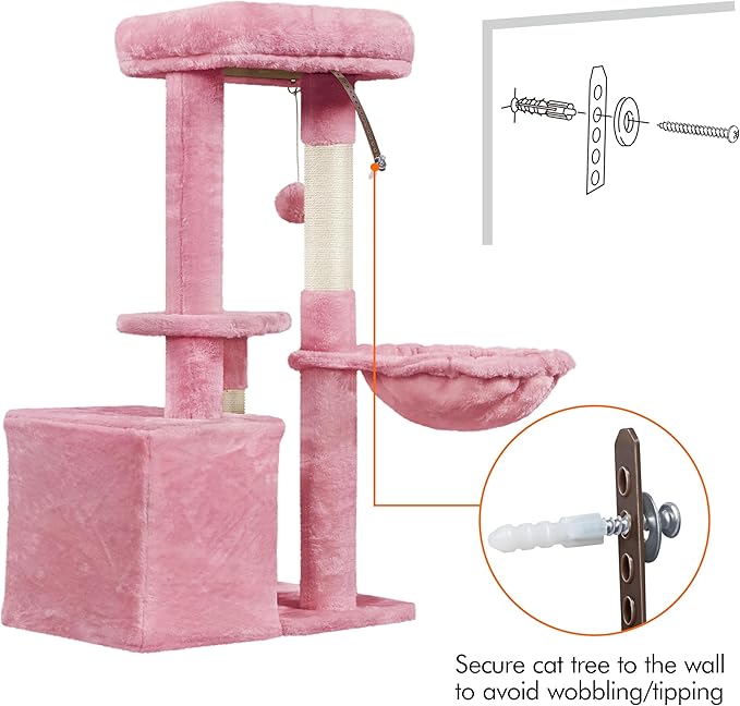Topeakmart Cat Tree Tower for Indoor Cats, 34.5in Cute Kitten Tree Activity Center with Condo & Scratching Post, Multi-Level Pet Climbing Tower Play House w/Large Perch, Platform, Basket, Pink