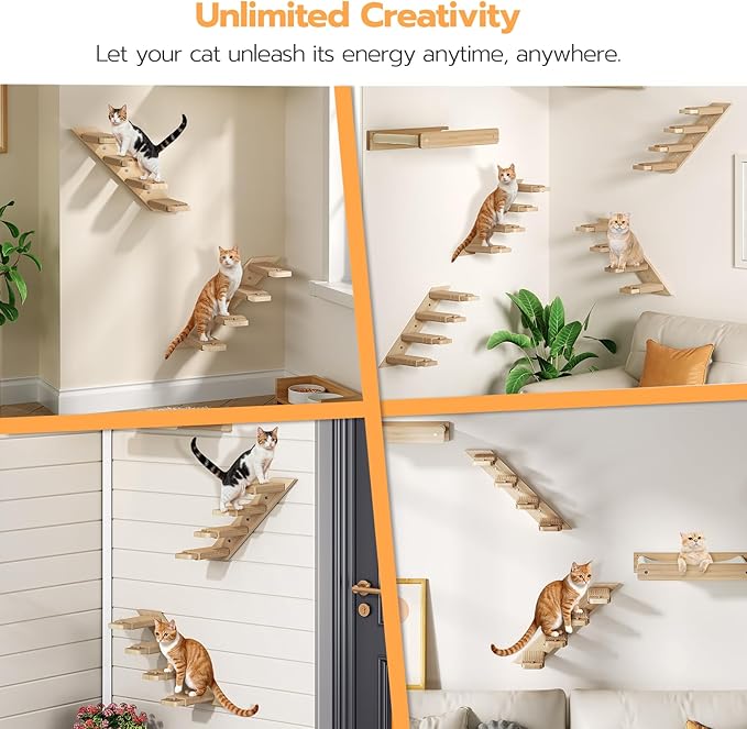 HOOBRO Cat Wall Shelves Set of 2, Wood Wall Mounted 4-Level Cat Wall Steps, Cat Wall Climber Furniture, Cat Climbing Shelves with Jute Scratching Steps, for Cat Perches and Platforms, Nature NL42CS03