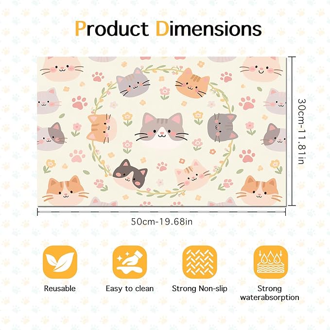 Cat Feedings Mats 20x12 inch Beige Cat Print Pet Bowl Placemat Non Slip Mat for Cats Food and Water Indoor Kitty Feeding Station Cute Cats Meal Mat for Small Pets Kitchen Floor Use
