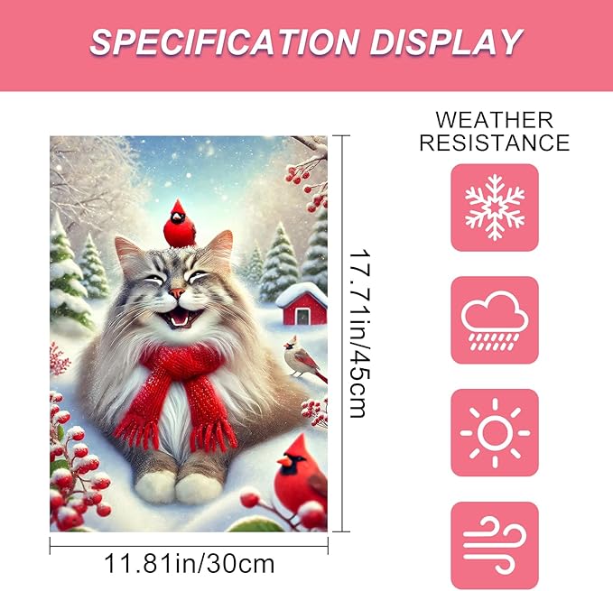 Christmas Garden Flag Cute Cat Red Cardinal Winter Snow Scene Outdoor Yard Flag 12x18 Inch Double Sided Banner For Front Yard Porch Lawn Patio Festive Holiday Seasonal Home Decor