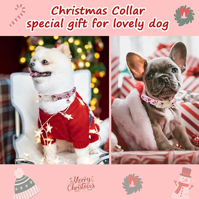 Christmas Dog Collar, Soft Winter Dog Collars for Large Dogs with Santa & Snowman Design, Cute Pink Christmas Collars for Dogs, Festive Holiday Dog Collar for Girl Boy Dogs Gift-L