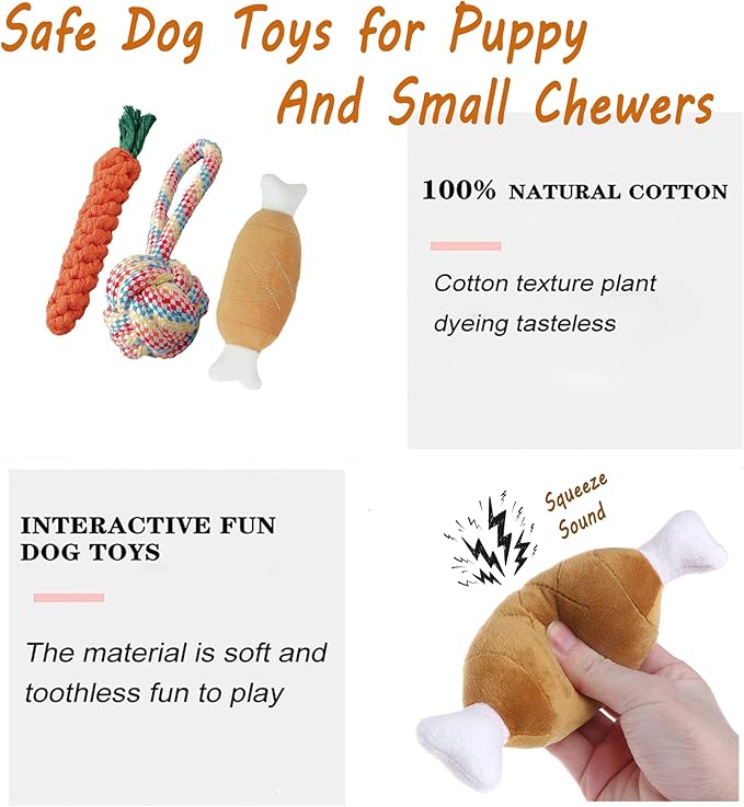 3PCS Natural Cotton Rope Toys for Small Dogs and Puppies, Dog Dental Care Chew Toys for Teething,Anxiety Relief, Helps Clean Teeth & Prevent Furniture Destruction(Chicken Leg Set)